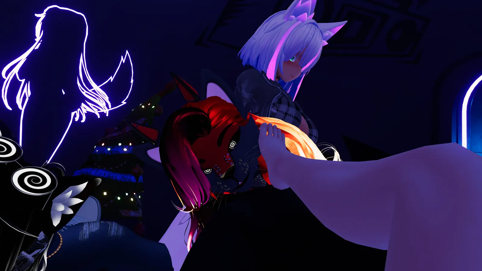 Friends relaxing together at a neon VRChat party