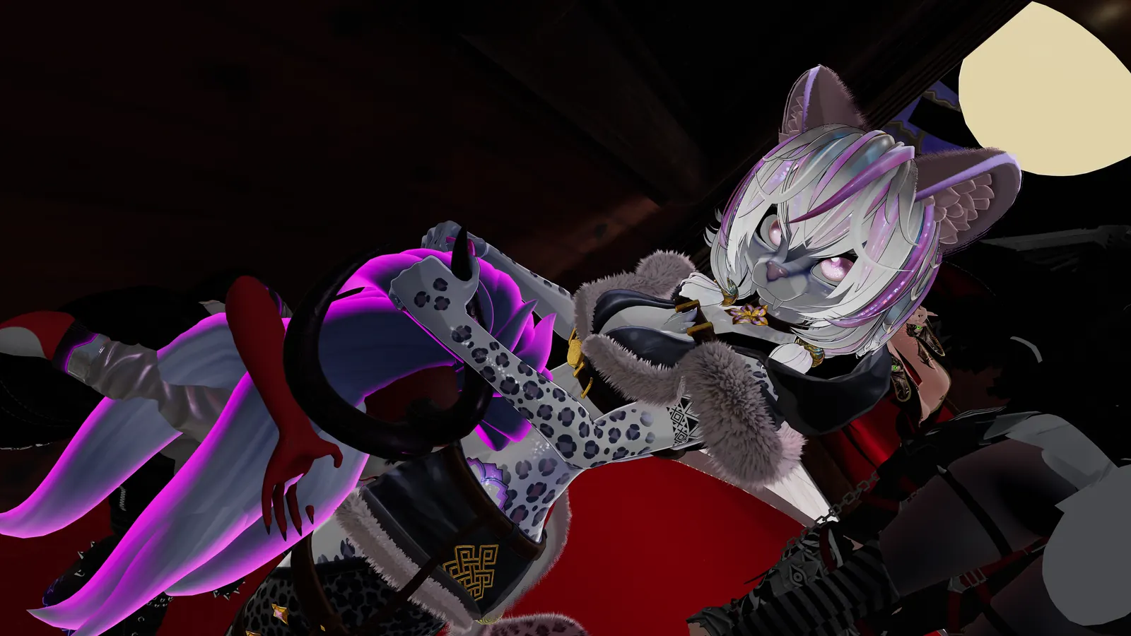 VRChat friends relaxing together under colorful lighting