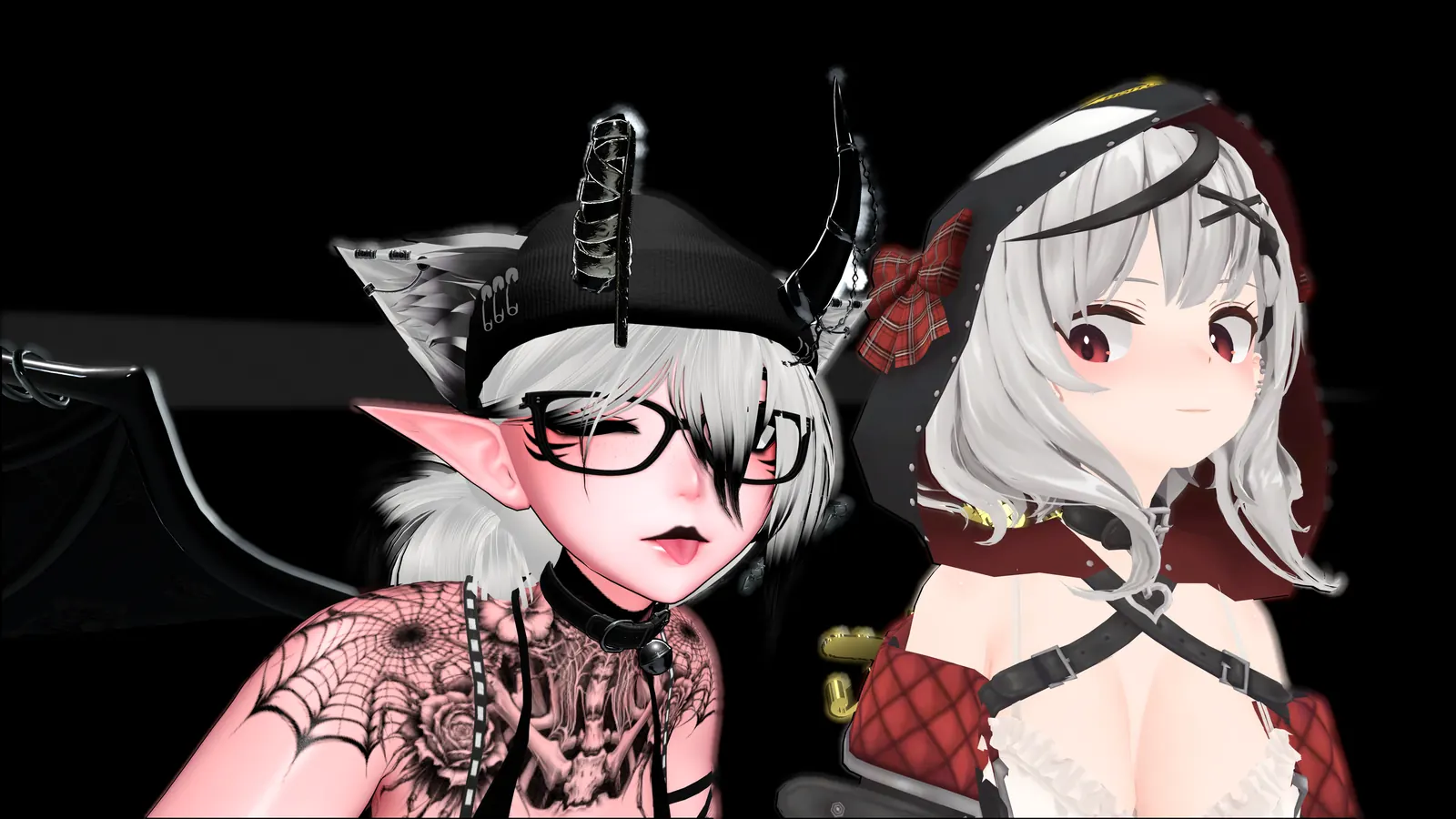 Two VRChat avatars posing closely together