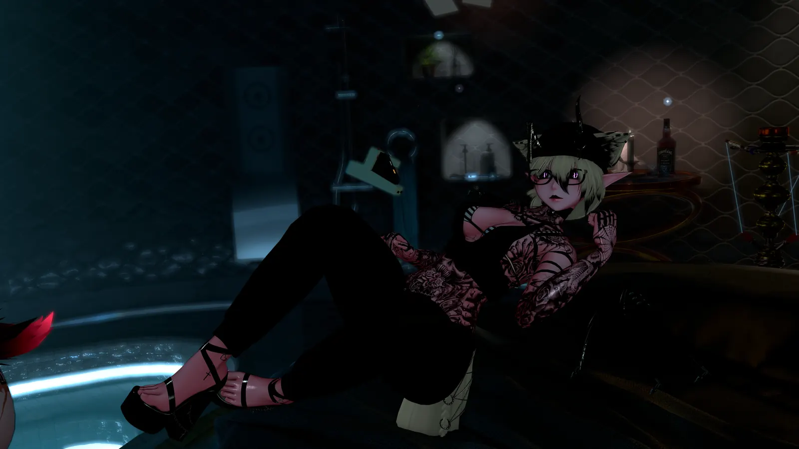 Friends relaxing together in a dark VRChat world